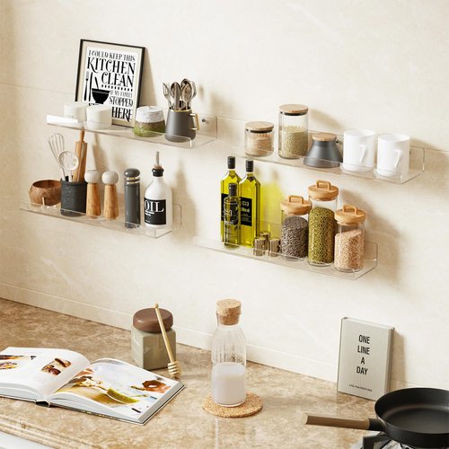 Dooiclear 4 Pack Floating Shelves for Wall, 15" Clear Book Shelf, Acrylic Floating Wall Shelf, Display Shelves Organizer for Bathroom, Classroom, Bedroom, Living Room, Kitchen, Room Decor