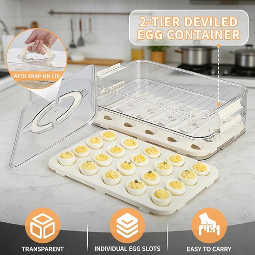Deviled Egg Carrier by [Brand Name] - 2-Layer Clear Storage for 40 Eggs with Lid & Handle | Portable Tray for Fridge & Parties