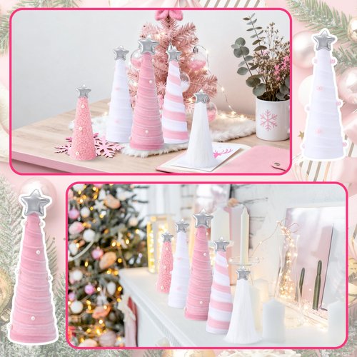 Realspring 5 Pcs Pink White Velvet Christmas Cone Tree Table Decoration Modern Xmas Tree Tabletop Centerpiece Ornaments for Mantel Fireplace Home Farmhouse Kitchen Party Crafts, 3 Sizes