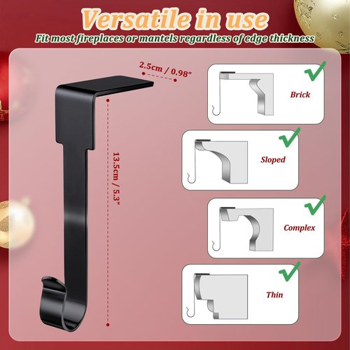 Edoneery Christmas Stocking Holder for Mantle Fireplace, Non Slip Silicone Pad Mantel Stocking Hangers for Shelves, Hanging Decorations Hooks for Family Xmas Holiday Party (Black, 4)