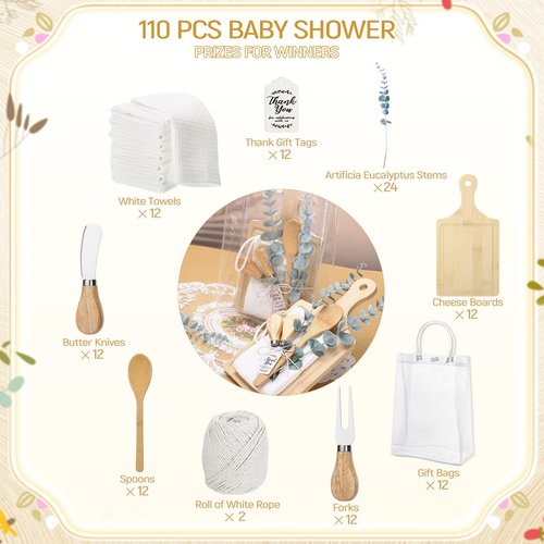 110PCS Baby Shower Prizes for Game Winners 12 Sets Baby Shower Gifts Bamboo Cheese Board Spoon Towel Artificial Eucalyptus Stems Thank You Card Gift Bag for Baby Bridal Shower Wedding Favors