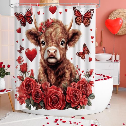 Lofaris Valentine Day Highland Cow Red Rose Shower Curtain Set - Romantic Farmhouse Bathroom Decor with red Butterflies, Includes Hooks - Valentines Bathroom Accessories