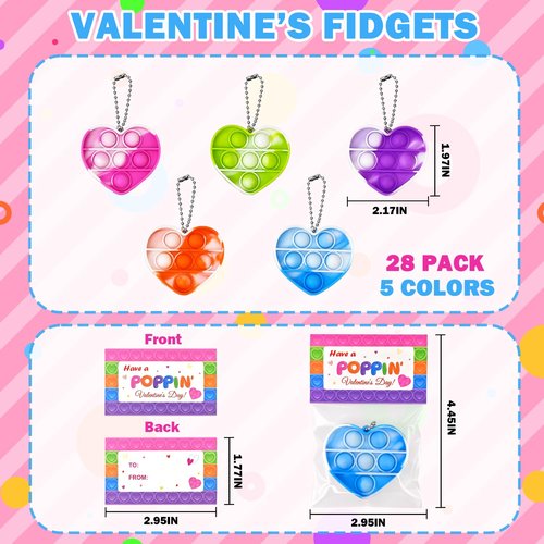 Wondrus Holiday Gifts Exchange Cards for Classroom Kids 28 Pcs, Heart Pop Fidget Toys with Keychains for Preschool Toddlers,Non Candy Party Favors Goodie Bag Stuffers for Kindergarten Boys Girls
