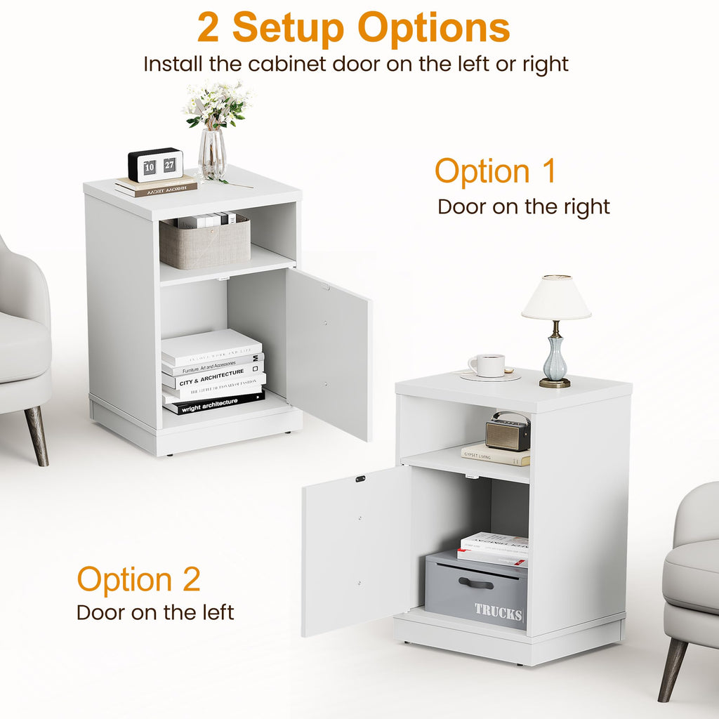 RoyalCraft White Nightstand with Storage Shelf and Door, Faux Two-Drawer Design Side Table, Modern Night Stand for Bedroom Dorm, Wood End Table for Small Spaces
