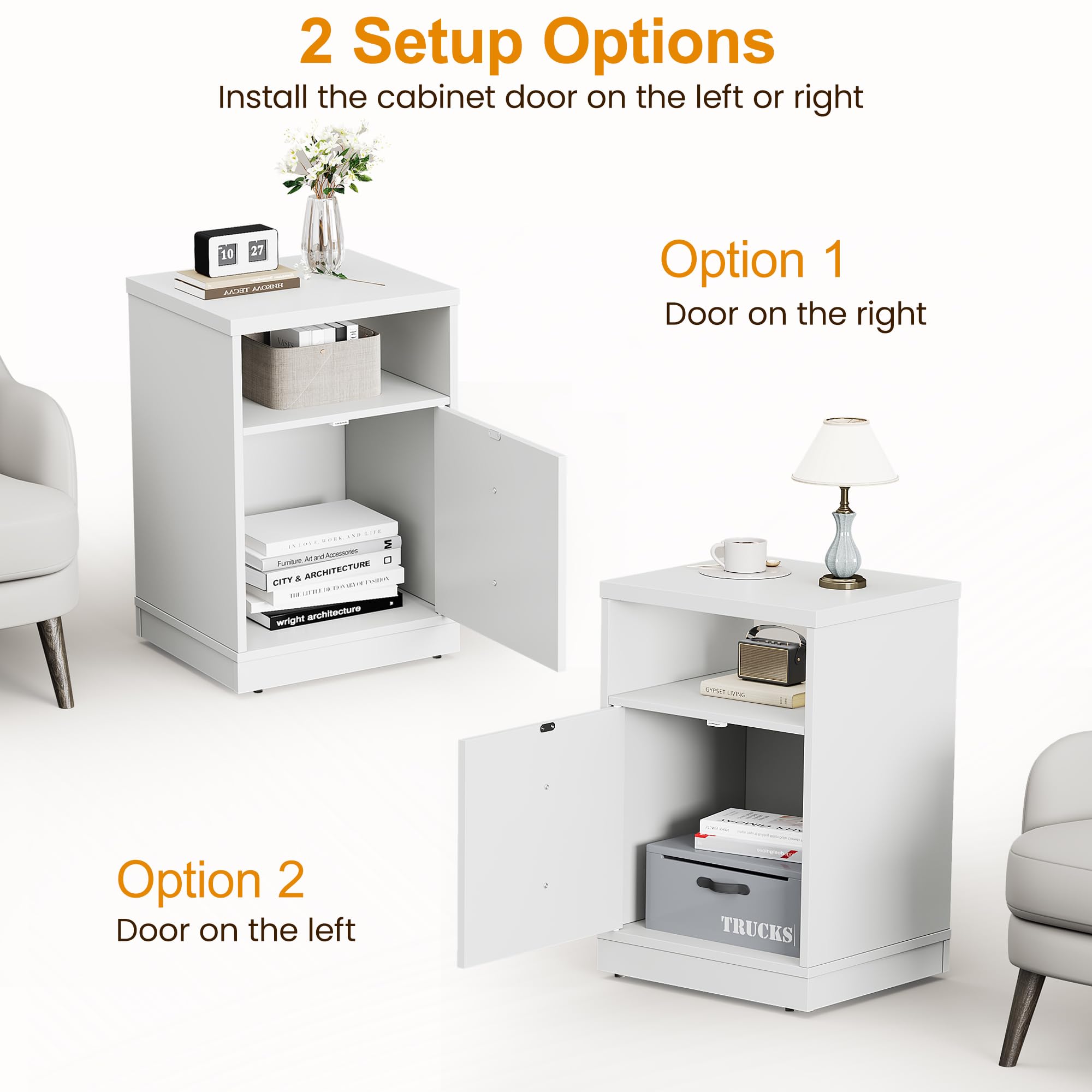 RoyalCraft White Nightstand with Storage Shelf and Door, Faux Two-Drawer Design Side Table, Modern Night Stand for Bedroom Dorm, Wood End Table for Small Spaces