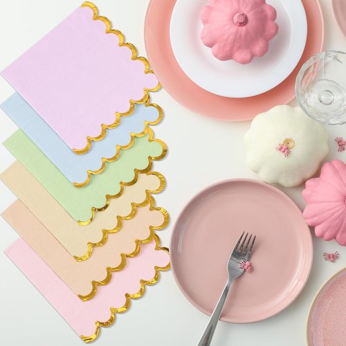 Layhit 150 Pack Pastel Napkins Scalloped Tea Party Napkins with Gold Foil Disposable Ice Cream Party Supplies for Dinner Birthday Wedding Cocktail Beverage Festival(Rainbow Color)