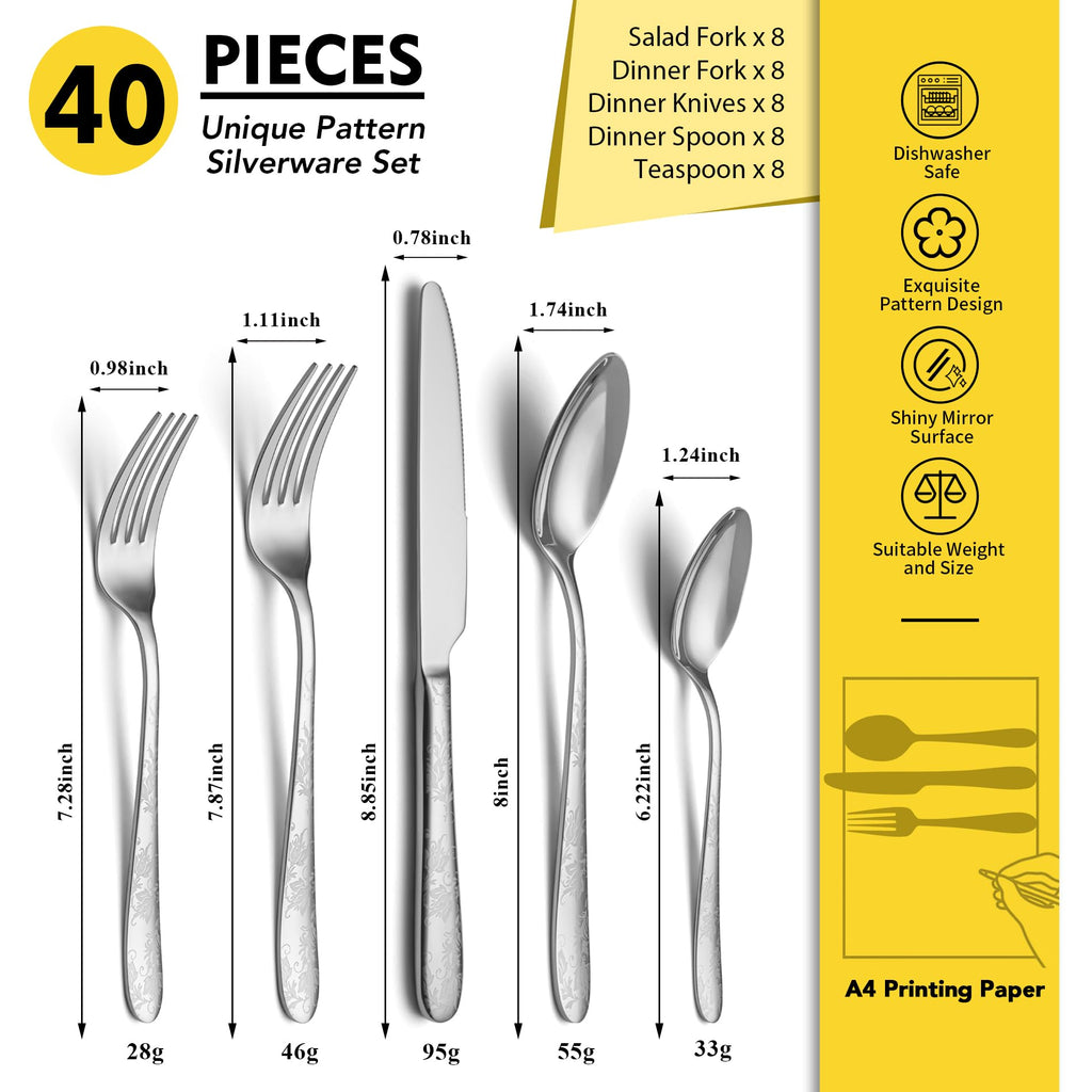 40 Piece Silverware Set, Service for 8, EIUBUIE Premium Stainless Steel Cutlery Set, Mirror Polished Flatware Sets with Pattern Handle, Modern Kitchen Eating Utensils Sets