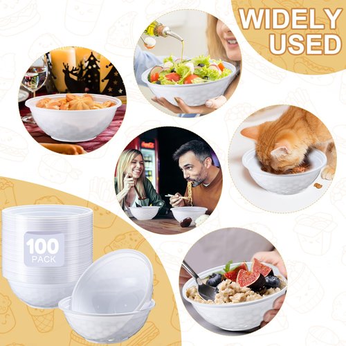 Newtay 100 Pack 32oz White Disposable Plastic Bowls Plastic Salad Bowls Large Stackable Serving Soup Dinnerware for Birthdays, Weddings, Parties, Festivals