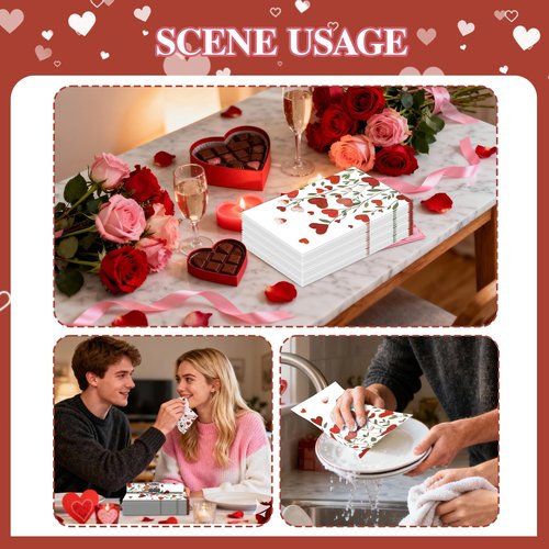 SMUAENSS 100Pcs Valentine's Day Guest Disposable Napkins - Watercolor Heart Floral Vine Design in Red & Pink, 3 Ply Dinner Hand Towels Heart Bathroom Napkins for Wedding Anniversary Party Table Decor