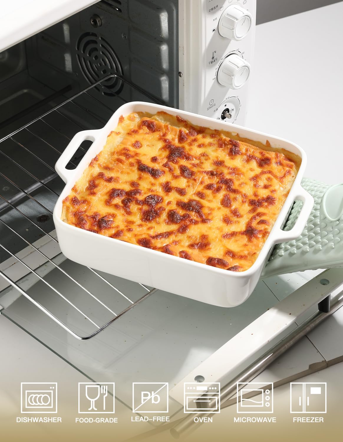 Sweejar 8x8 Baking Pan - Ceramic Casserole Dish with Double Handles | 2 QT Square for Brownies & Lasagna
