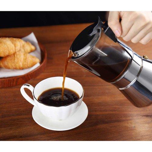 Geesta Premium Crystal Glass-Top Stovetop Espresso Moka Pot - 4/6/ 9 Cups - Stainless Steel Coffee Maker- 240ml/8.5oz/6 cup (espresso cup=40ml)