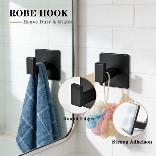 Vanloory 5 Pieces Self Adhesive Bathroom Hardware Set-SUS304 Stainless Steel-Towel Rack Set Include 16″Towel Bar+Toilet Paper Holder+3 Towel/Robe Hooks Bathroom Accessory (Matte Black, 16 in)