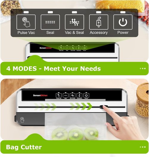 Bonsenkitchen Vacuum Sealer Machine - Multifunctional Food Sealer for Sous Vide & Meal Prep | Silver-Black, Includes 5 Pre-Cut Bags