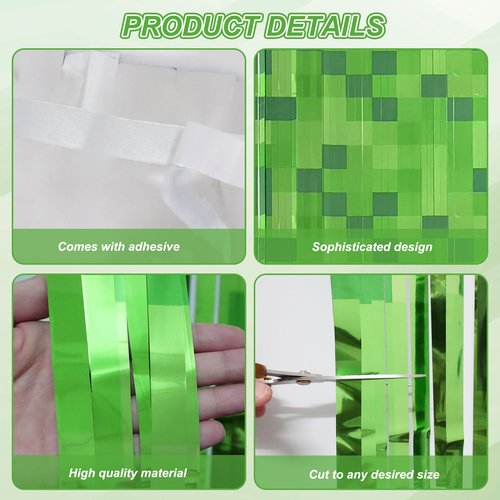 2 Pack Green Pixel Miner Foil Fringe Curtains - 3.3x6.6ft Video Game Birthday Photo Booth Backdrop, Metallic Door Streamers for Gamer Party Decorations & Room Wall Decor