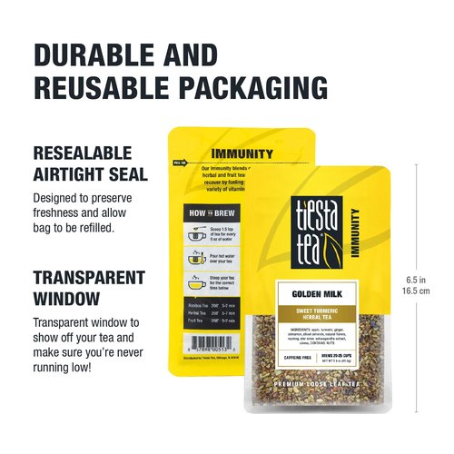 Tiesta Tea - Golden Milk, Loose Leaf, Sweet Turmeric Herbal Tea, Non-Caffeinated Herbal Blend, Makes Hot or Iced Up to 20-25 Cups, 3oz Resealable Pouch