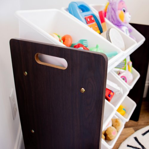 Humble Crew 9-Bin Toy Organizer – Journey Natural Espresso with White Plastic Bins, 3-Tier Storage Solution for Kids' Playrooms and Nurseries