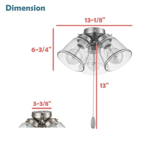 Aspen Creative 22016-1, Four-Light Ceiling Fan Light Kit with Pull Chain, Brushed Nickel Finish with Clear Glass Shades, 13-1/8" Diameter x 6-3/4" Height