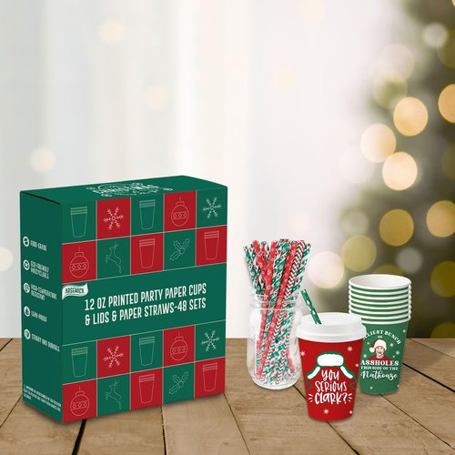Arsemica Christmas Vacation Merch Party Supplies, 48 Pack Holiday Paper Cups with Lids and Straws, 12 oz Xmas Disposable Cups Table Decor, Funny Holiday Party Cups for Coffee Hot Chocolate Cocoa Tea