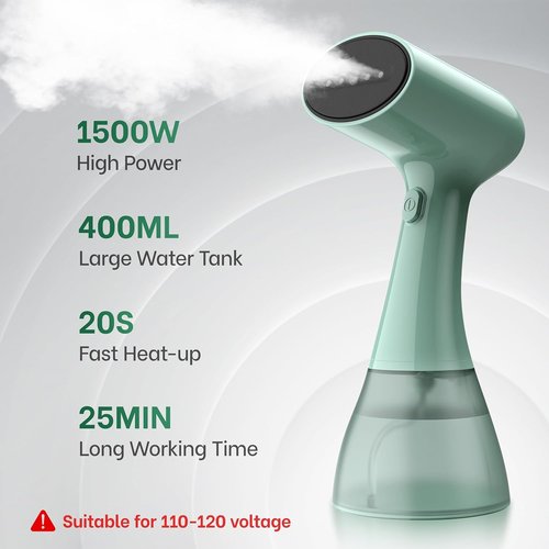 GS01 Handheld Clothes Steamer - 1500W Fast Heat-Up, 400ml Water Tank, Portable Design (Green)