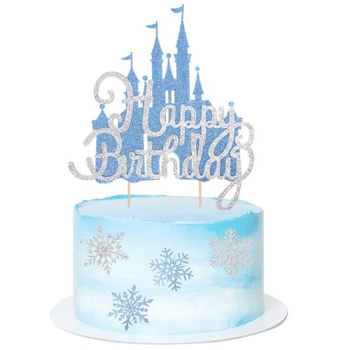 2Pcs Blue Castle Cake Toppers Princess Cake Decorations Princess Theme Birthday Castle Party Picks for Winter Wonderland Party Supplies Frozen Theme Party Decor