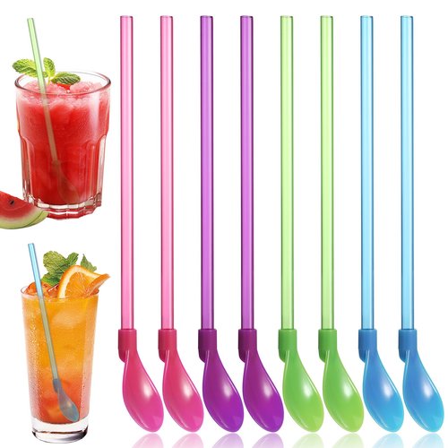 8 PCS Hard Plastic Spoon Straws, 9.3 Inch Reusable Straw Spoons Detachable Drinking Straws Snow Straw Spoon, Assorted Colors