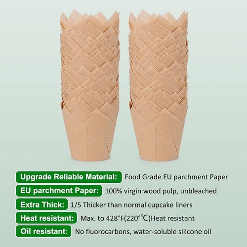 Caperci Natural Tulip Cupcake Liners - 150 Unbleached Parchment Paper Baking Cups for Parties & Events