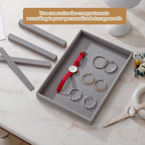 KATISYIO Large Velvet Jewelry Tray 2 Pack Stackable Jewelry Display Drawer Inserts Trays Organizer for Earring Bracelet Necklace Ring (Gray, 16 Grids)