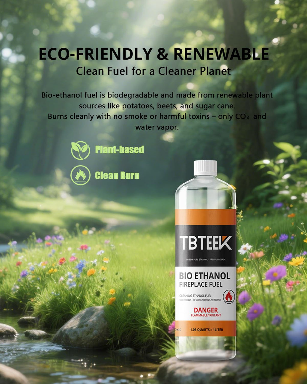 TBTeek Bioethanol Fuel - Clean Burning, Smokeless Bio Ethanol Fuel for Indoor & Outdoor, Renewable Fire Fuel, 6 x 1 Liter