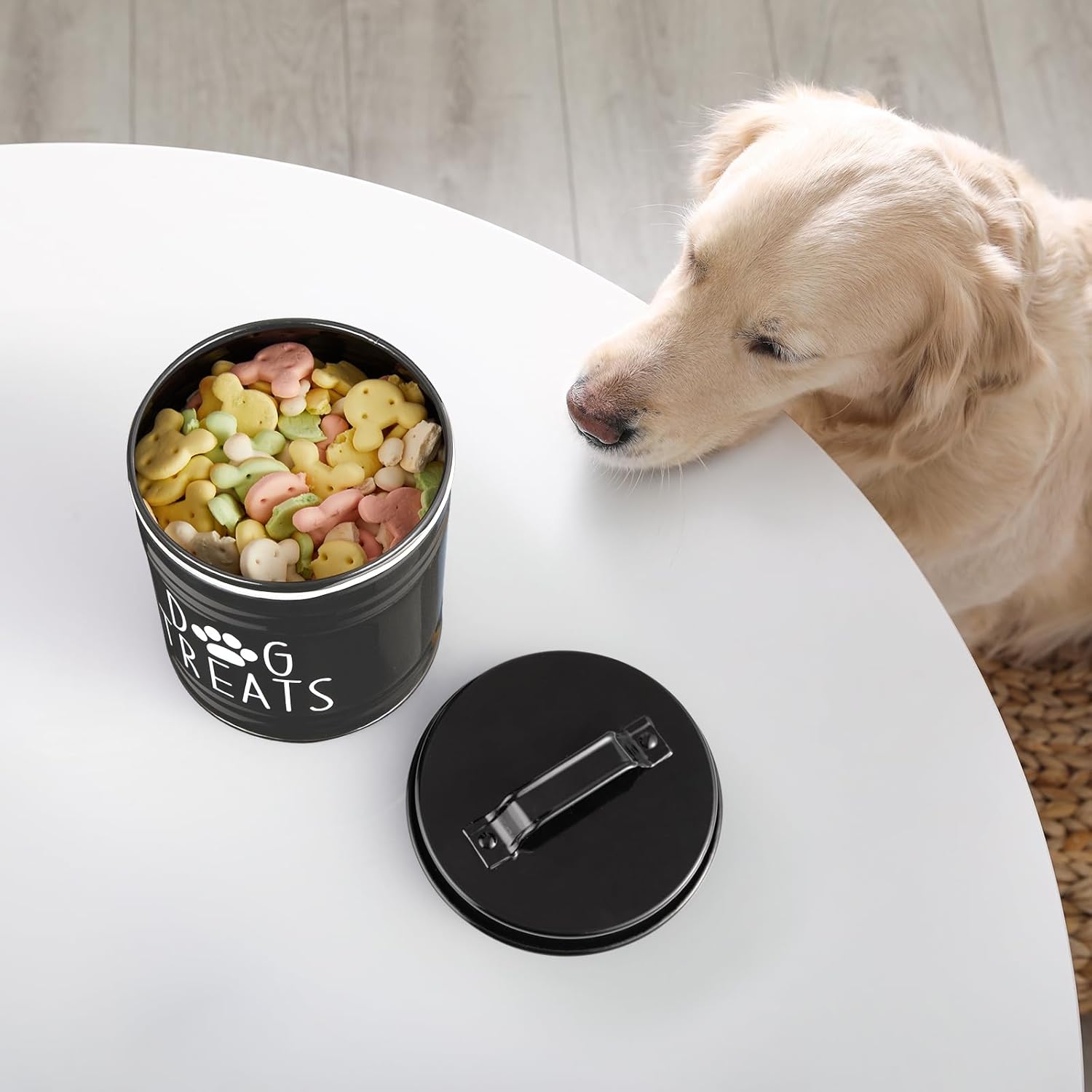 OUTNILI Dog Treat Container - Airtight 6.6" Tall X 6" Round Black Jar for Kitchen Storage | Rustic Canister for Pets