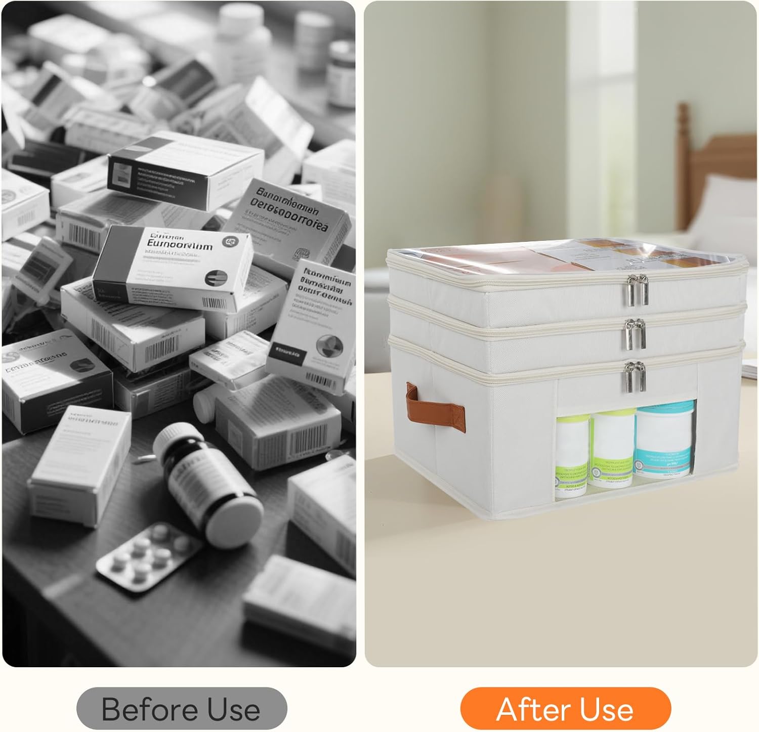 Skiennix 3-Tier Medicine Organizer - Foldable Storage Box with Clear Cover & Leather Handle | Perfect for Home & Travel