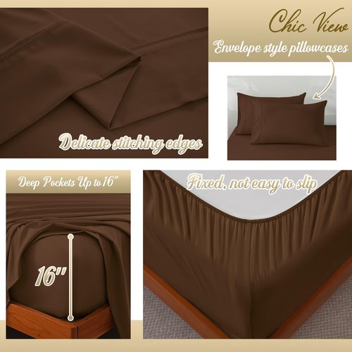 ChicView Queen Sheet Set,4 Pieces Hotel Luxury Breathable Soft Microfiber Bedsheets, Anti Pilling Deep Pockets Easy Care Bed Sheets, Pinecone Brown