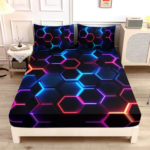 UEVBF Hexagon Geometric Honeycomb Bedding Fitted Sheet Sets,Blue Neon Gamer Fitted Sheet Sets for Kids Room Decor,Twin Size Bedding Sets for Boys,1 Fitted Sheet+2 Pillowcases.