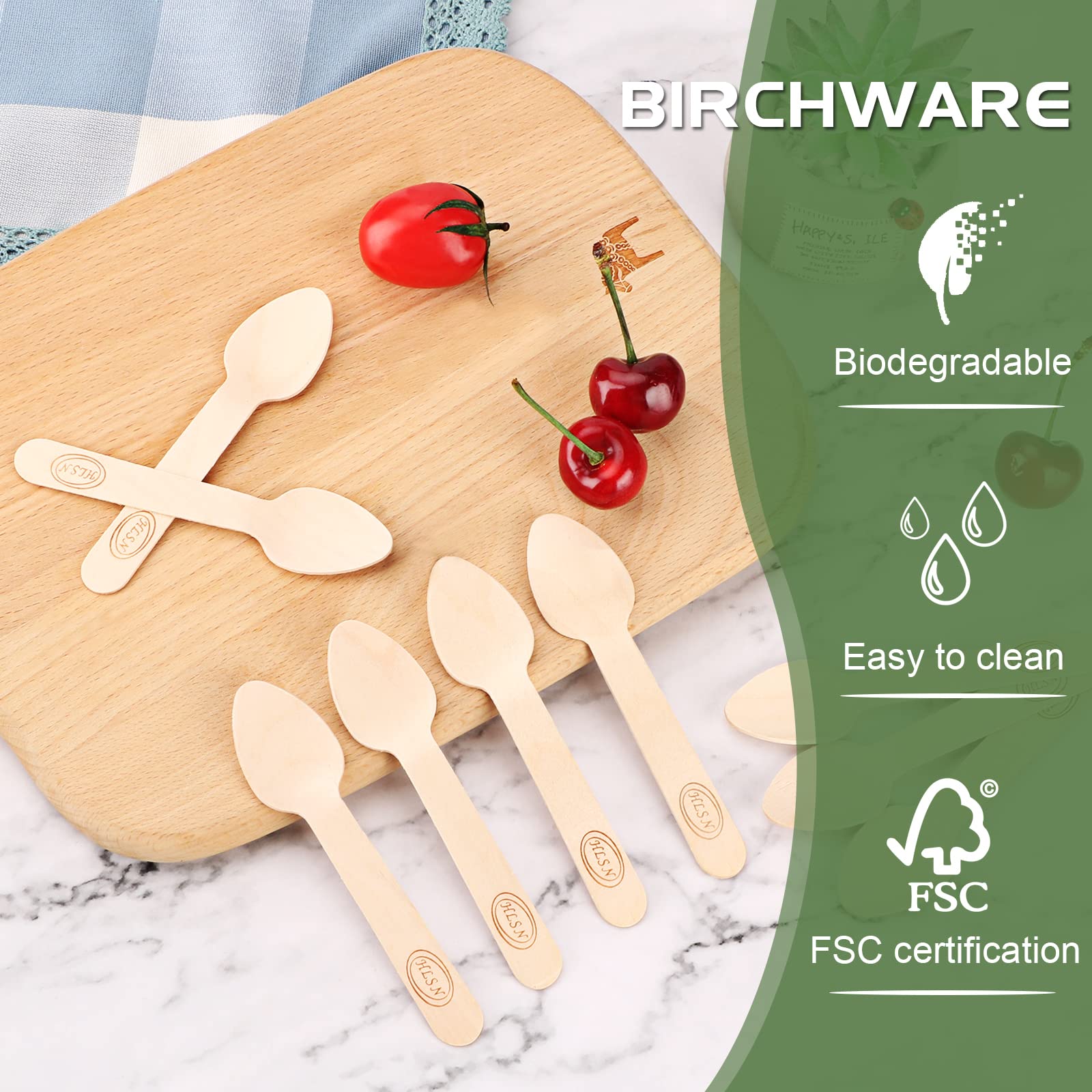 HLSN 200pcs 4 inch Mini Wooden Spoons, Biodegradable CompostableNatural Birchwood, Food Grade Disposable Wooden Cutlery for Parties, Weddings, Camping