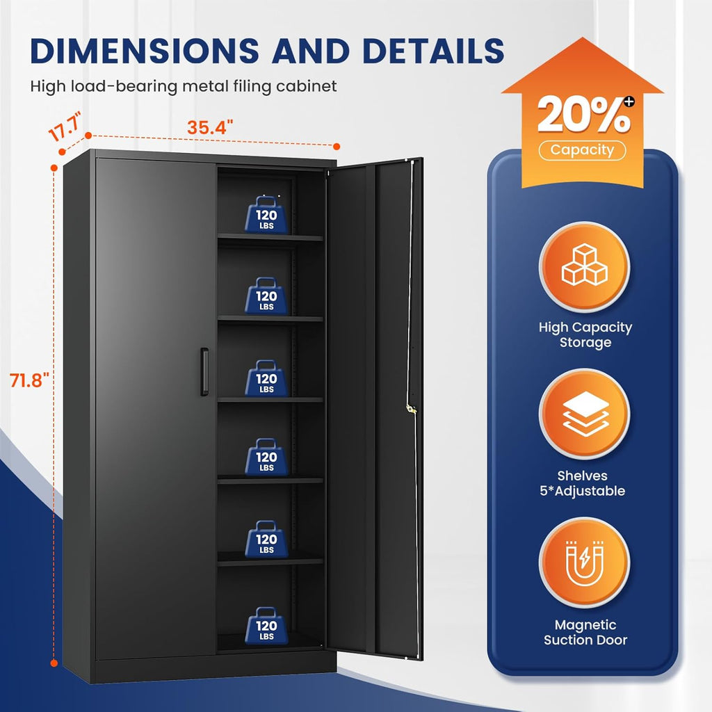 Yizosh Metal Storage Cabinet - 72" Lockable Garage Cabinet with 2 Doors & 5 Adjustable Shelves, Black Steel