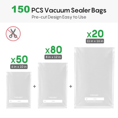 FRESKO Vacuum Sealer Bags, 150 Gallon 11" x 16" and Quart 8" x 12" and Pint 6" x 10" BPA Free PreCut Bag, Commercial Grade Food Vac Bags for Storage, Meal Prep or Sous Vide
