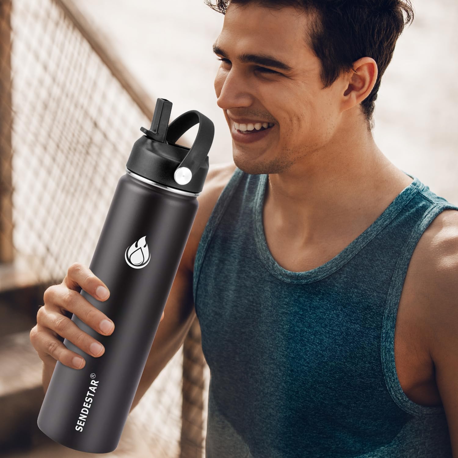 SENDESTAR Insulated Water Bottle - 24 Oz Double Wall Vacuum Stainless Steel | Keeps Drinks Hot or Cold (Black)
