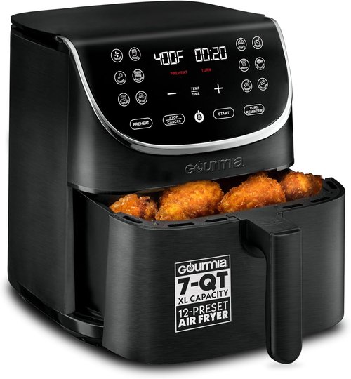 Gourmia Air Fryer - 7 Qt Large Capacity with LED Display & 12 One-Touch Presets | Nonstick Basket & Crisper Tray, Black