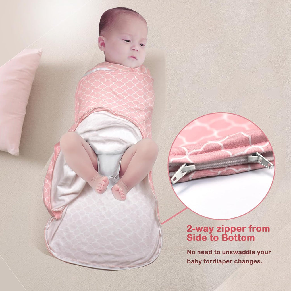 Skiennix Baby Sleep Sack Swaddle - 3-Way Adjustable 100% Cotton Transition Blanket for Girls | 0-6 Months, Pink