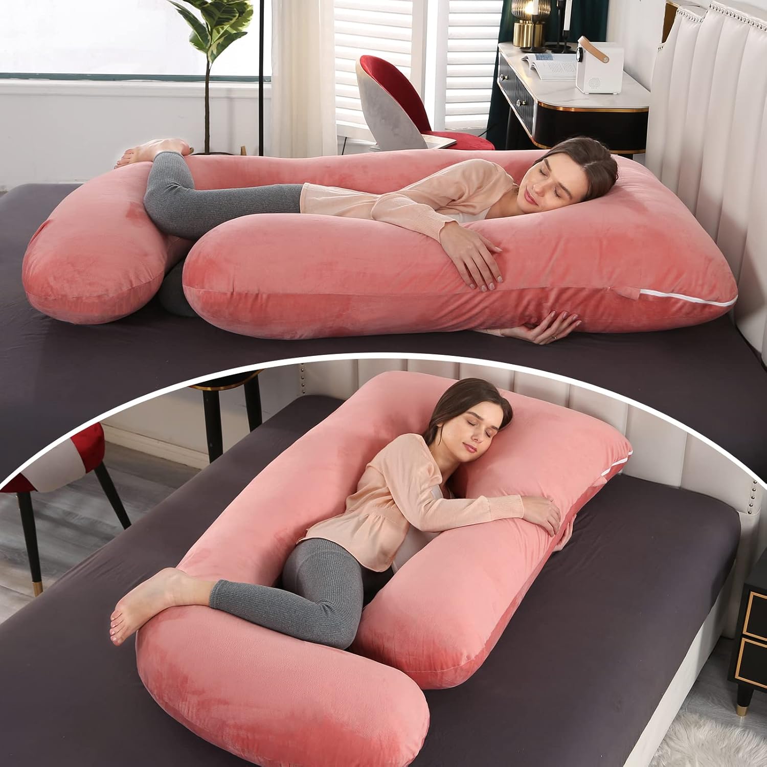 U-Shaped Pregnancy Pillow by [Brand Name] - 57" Full Body Maternity Pillow with Removable Velvet Cover | Supports Back, Legs, Belly & Hips - Pink