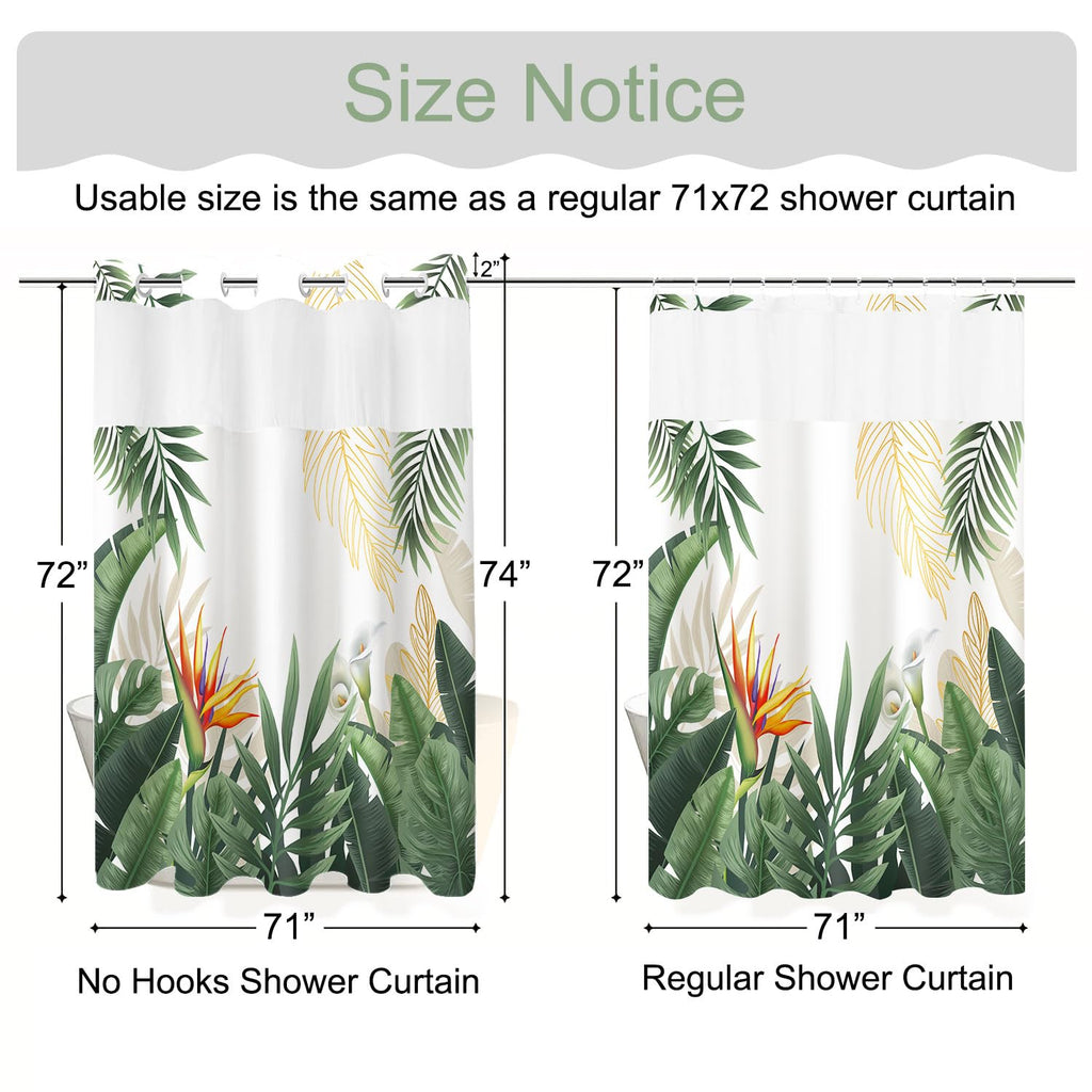 TWLSNCD No Hook Shower Curtain with Snap in Liner, Tropical Leaf Shower Curtains and Liner Set for Bathroom, Monstera Palm Leaves Floral Fabric Bath Curtain, Waterproof Washable, Green 71" x 74"