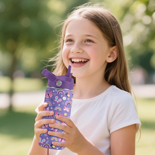 Butterfly Gifts 16oz Purple Kids Water Bottle - Insulated Stainless Steel, Leakproof & BPA-Free Tumbler for School & Travel