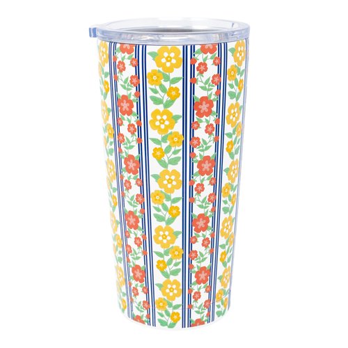 Martha Stewart Insulated Coffee Tumbler, 16 Ounce Stainless Steel Travel Mug with Lid, Double-Wall Design for Hot or Cold Beverages, Floral Stripe