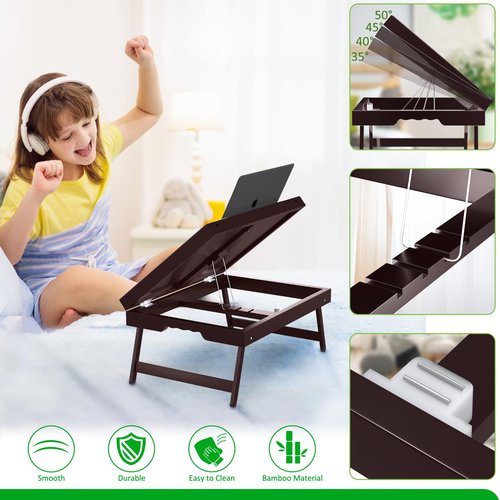 Bamboo Bed Tray Table with Foldable Legs & Ergonomic Handle, 17x12in Breakfast Tray for Eating, Laptop Desk, Sofa Snacking, Non-Slip Surface (Mahogany)