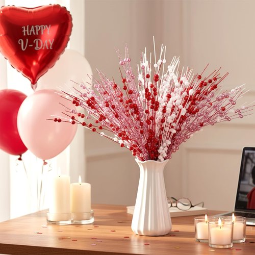 Wavwavw 18 Pcs Mother's Day Decoration Valentines Day Floral Picks Tree Decorations 17 Inch Red and Pink Glitter Berry Spray Picks Christmas Decor for Tree Wreaths Centerpieces Wedding Anniversary