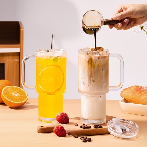 GOSCHE 26oz Glass Tumbler with Straws and Lids, Ribbed Iced Coffee Cups, Thickened Glass Cups Set Ideal for Coffee, Smoothies, Cocktails, and Juices, Clear, 2 Pack