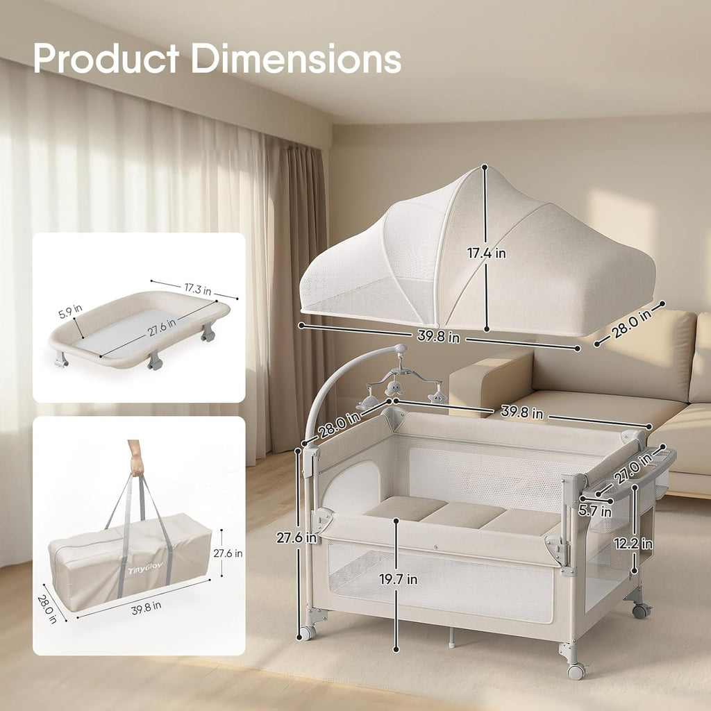 TinyGlow 4-in-1 Baby Bassinet - Portable Crib Sleeper with Mattress & Mosquito Net | Quick Assembly & Easy Carry