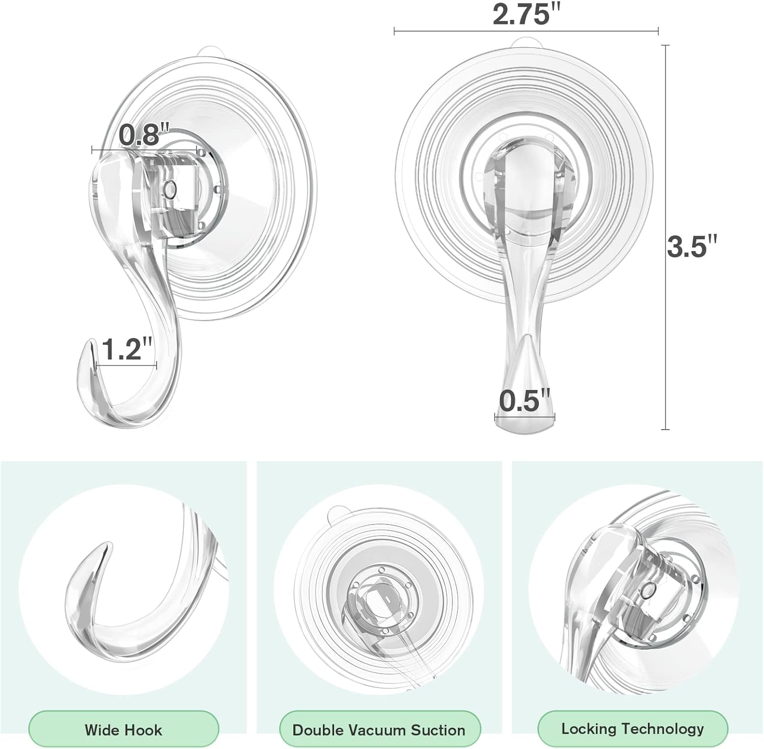 VIS'V Large Suction Cup Hooks - 2 Pcs Durable Hold with 10 Pcs Metal Hooks | Ideal for Home Use