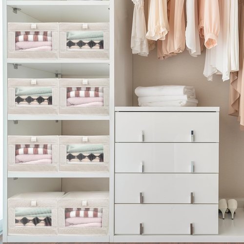 Kigley 12 Pcs Linen Closet Organizers - Foldable Clothing Bins with Window for Easy Storage | Beige