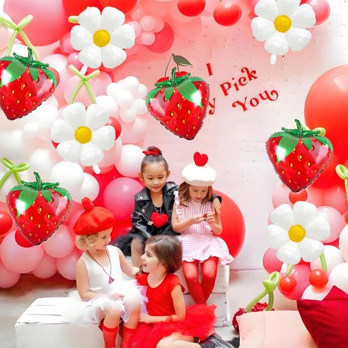 8 PCS Strawberry Balloons Daisy Balloons, Red Berry Foil Balloons for Strawberry Themed Birthday Party Decorations Berry First Birthday Decorations
