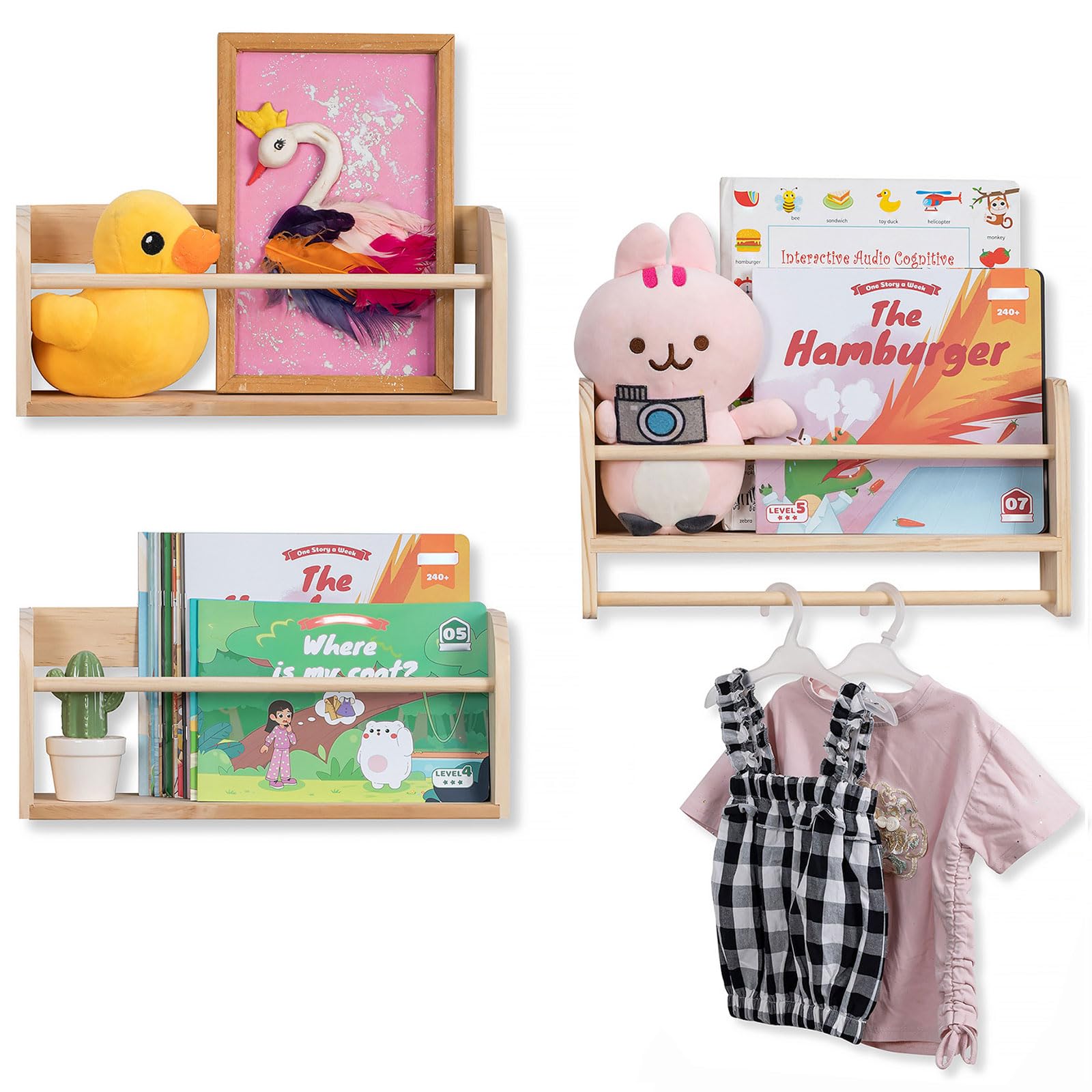 Walasis Nursery Book Shelves for Wall: Solid Pine Wood Wall Mounted Bookcase with Anti-Drop Bar for Kids' Room Easy Installation with Back Panel (Natural)